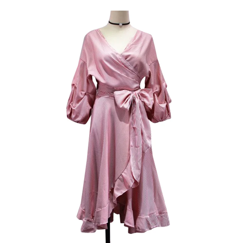 PERHAPS U Pink Blue Ruffle Wrap Dress 3/4 Sleeve Split Maxi Long Striped Puff V Neck Summer D0704 | Женская одежда