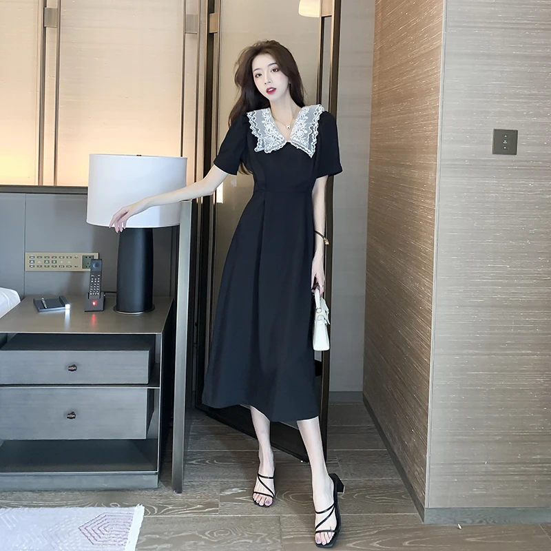 

Temperament Women 's Black Goddess 2020 Summer New Knee Short Sleeve Lace A-Line Mid Length Dress
