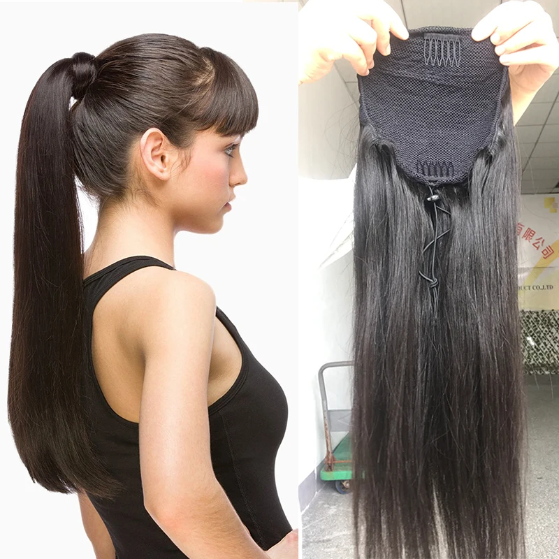 

Toysww Ponytail Human Hair Clip in Extensions Machine Remy Straight Brazilian Drawstring Ponytail With Clips in For Women 100g