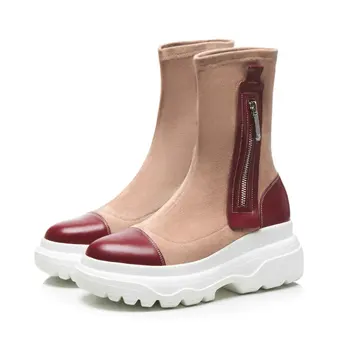 

High Heels Genuine Leather Women Ankle Boots Female Shoes Warm Autumn Winter Riding Boots Platforms Shoes Woman