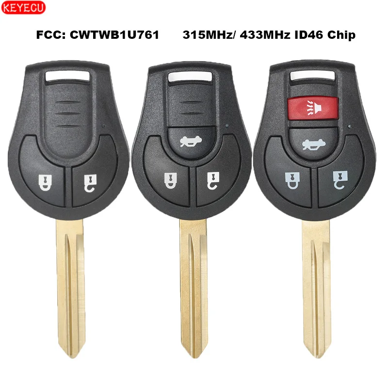 KEYECU Remote Key Fob 2/3/4 Button 315MHz/ 433MHz ID46 for Nissan Juke March Qashqai Sunny Sylphy Tiida X-Trail FCC: CWTWB1U761 |