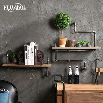 

Industrial style creative water pipe rack retro wrought iron wall hanging solid wood display stand bar Wall decoration shelf