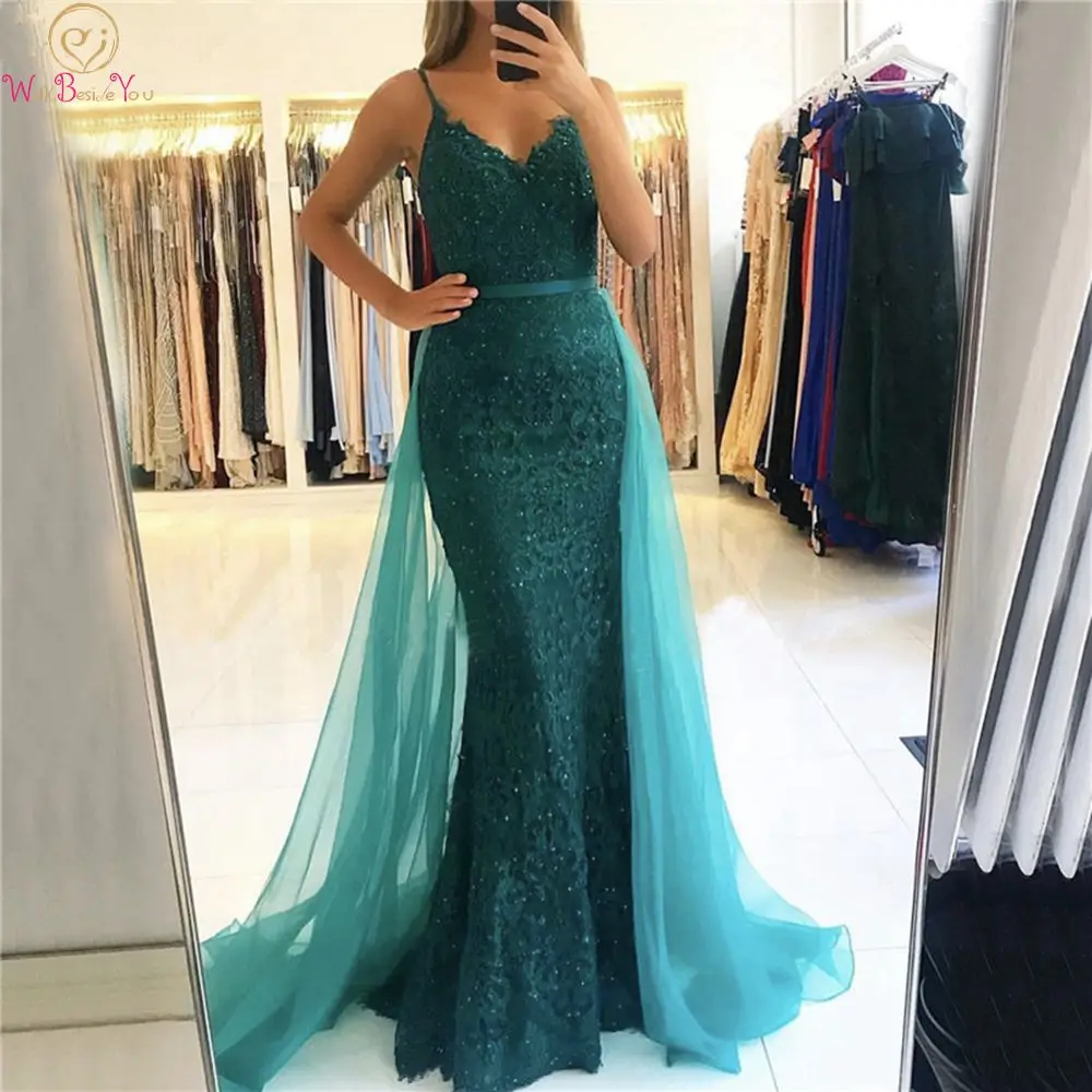 Охотничий зеленый Формальные Вечерние платья Русалка Элегантный robe de soire с аппликацией кружевные с открытой спиной Выпускные платья vestido de festa