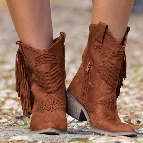 Vogue Boho piel aterciopelada Mujer con flecos tacones planos Mujer Med Botas altas sólidas Mujer borla Mujer|Botas media - AliExpress