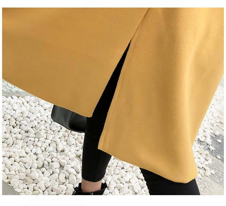 Зимняя женская модная верхняя одежда, отложной воротник с сигами, двубортная куртка, пальто, женское желтое шерстяное Смешанное шерстяное пальто