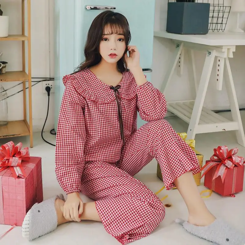 

Spring New Products Cute Peter Pan Collar WOMEN'S Pajama Suit Simple Yarn Dyed Cotton Plaid Wide Women's Home Wear