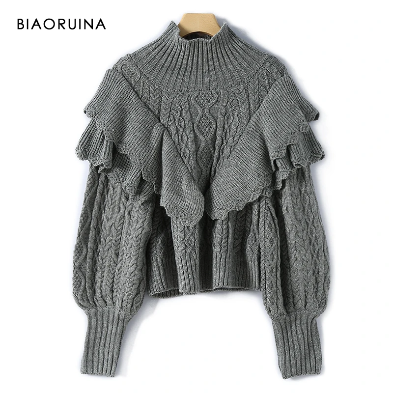 

BIAORUINA Women's Winter Autumn 4 Colors Solid Winding Ruffles Sweet Knitted Turtleneck Sweater Pullovers Lantern Sleeve