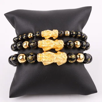 High Quality Natural Tibetan Buddha Agate Stone Gold Pixiu Charm Elastic Beads Bracelet Jewelry Men