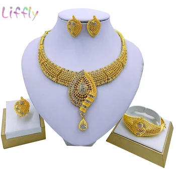 

Liffly Nigerian Wedding Bridal Jewelry Sets African Gold Dubai Crystal Necklace Bracelet Earrings Ring Set for Women Jewelry