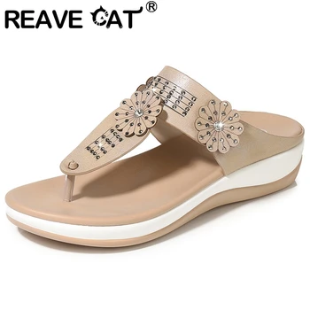 

REAVE CAT Ladies Novelty Summer Bohemia Slipper Sandals Sandwich Toe Muffin bottom Platform Rivets Flower Rhinestone Date A3014