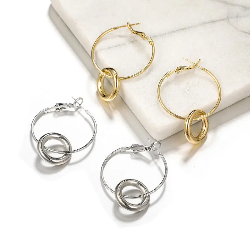 Doreen Box, простые модные двойные круглые серьги-кольца, геометрические Очаровательные Круглые Кольца для женщин, вечерние ювелирные изделия для офиса, 1 пара