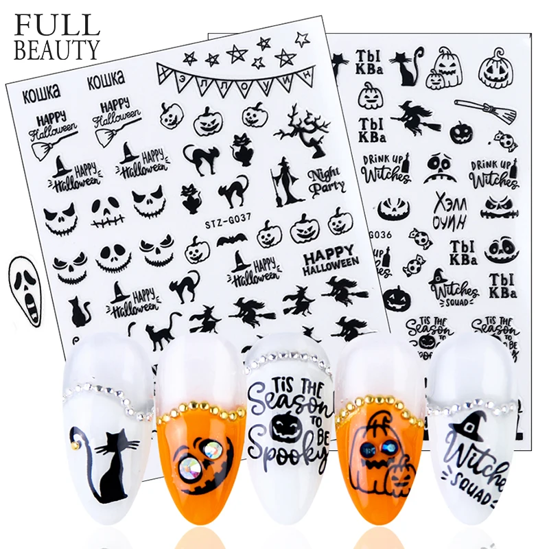1 шт 3D наклейки для ногтей с черными русскими буквами Хэллоуин Тыква призрак сделай сам украшения для всех маникюрных обертывания наклейки CHSTZ-G032-040-2