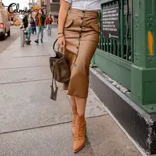 

Bodycon Midi Skirt Celmia 2021 Winter Women Elegant Single Breasted Buttons Party Long Skirt Casual PU Leather High Waist Skirts
