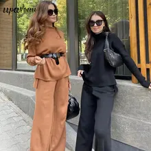 

Free Shipping Women's Solid Color Knitted Suit Elegant Stand Collar Long Sleeve Loose Pullover & Straight Pants Two-piece Set