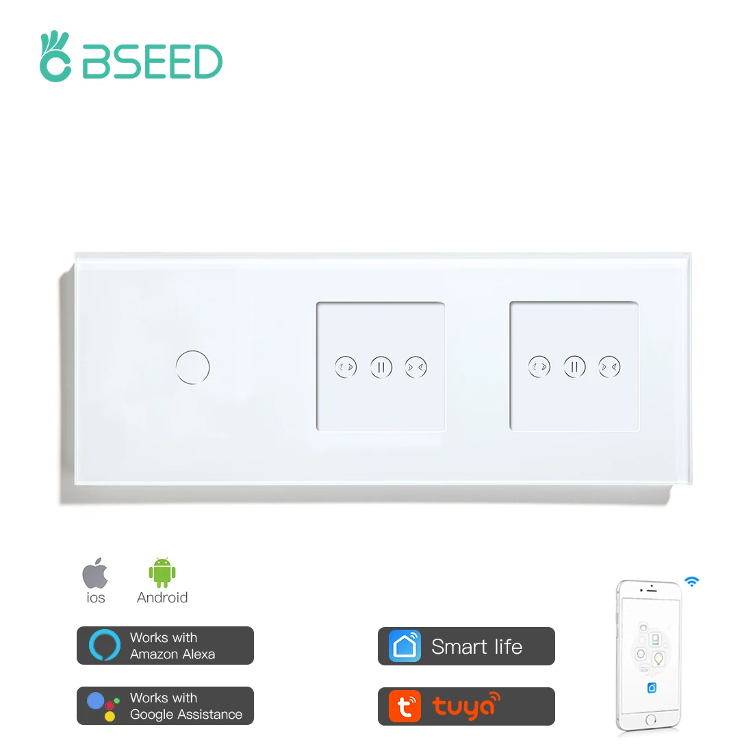 Bseed Smart Double Curtain Switch With 1 Gang 2 Gang Touch Switch And DIY Wifi Control Switch Work With Tuya Smart Life App