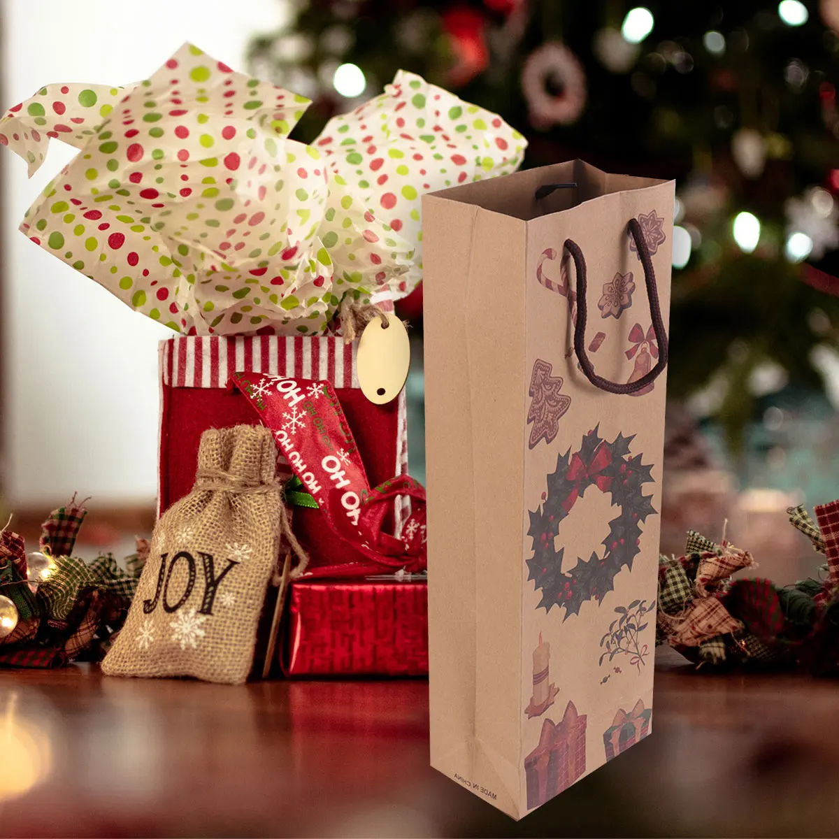 12 шт. Подарочный пакет для вина из крафт-бумаги, Подарочный мешок для бутылок, рождественские подарочные пакеты с ручками, вечерние подарочные сумки, держатель для бутылки вина