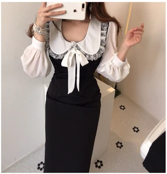 

Lace lace stitching dress French Style high waist long sleeve 2020 spring new dress
