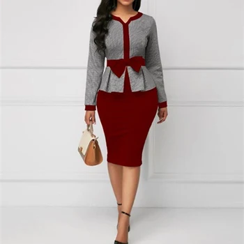 

GAOKE Ruched Wine Red Bow Dress Two Piece Set Office Outfit Women Long Sleeve Top And Mid Skirt Sexy Autumn