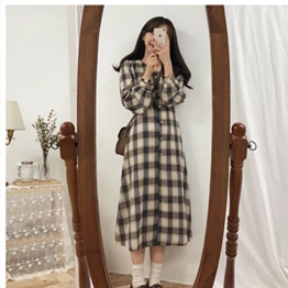 

YAMDI plaid dresses korean party a-line spring summer woman elegant long sleeve 2020 vintage midi dress women v neck vestidos