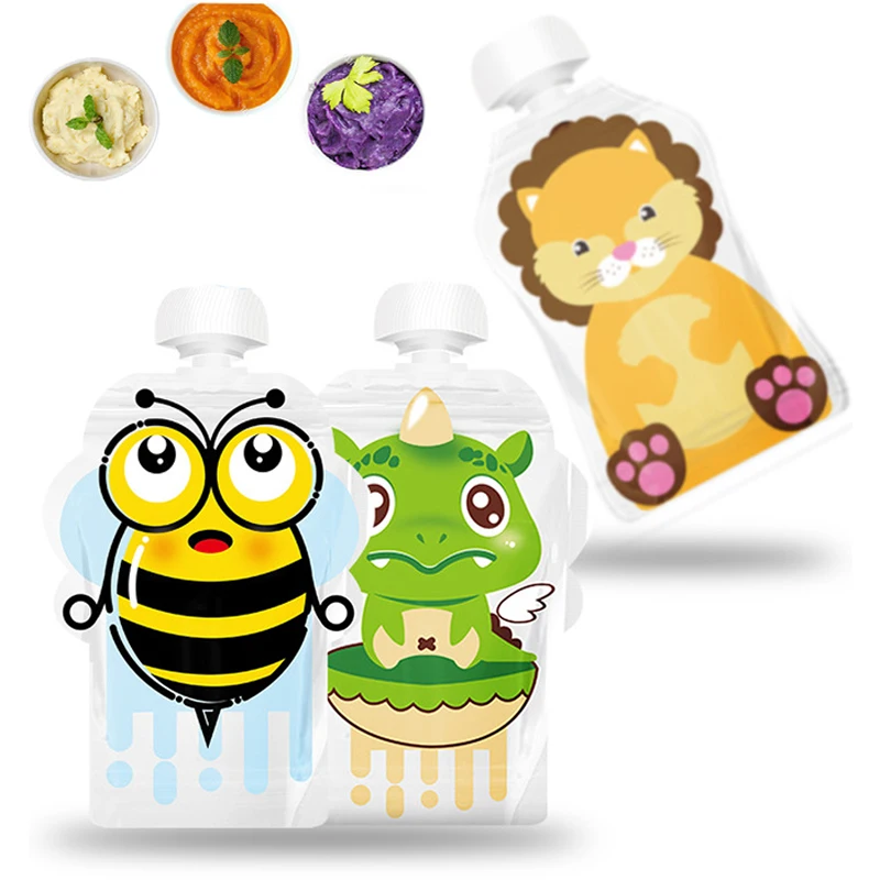 150ml Baby Cute Food Storage Pouch Portable BPA-Free Reusable Sealed Complementary Foods Pouch Homemade Puree Pulp Storage Bag