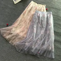 Новая Элегантная Цветочная вышивка многослойная сетчатая юбка в складку юбка средней длины