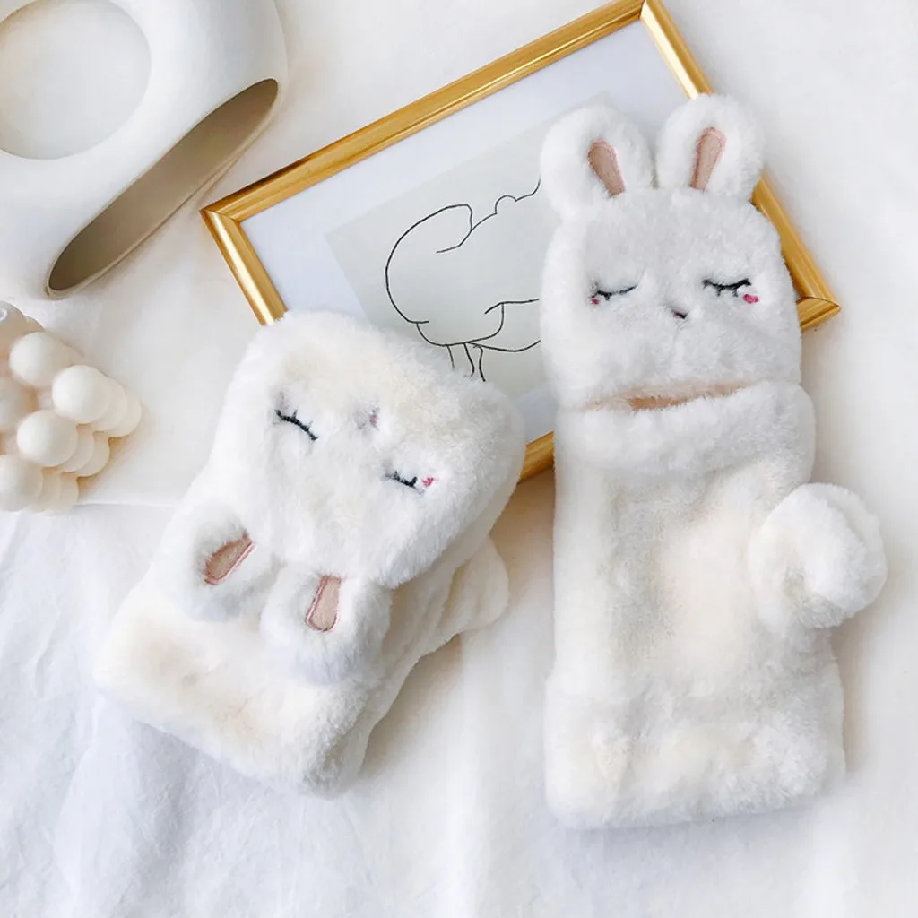 Женские зимние милые теплые флисовые утепленные плюшевые перчатки с кроличьими ушками, теплые мягкие кавайные лыжные перчатки# Q