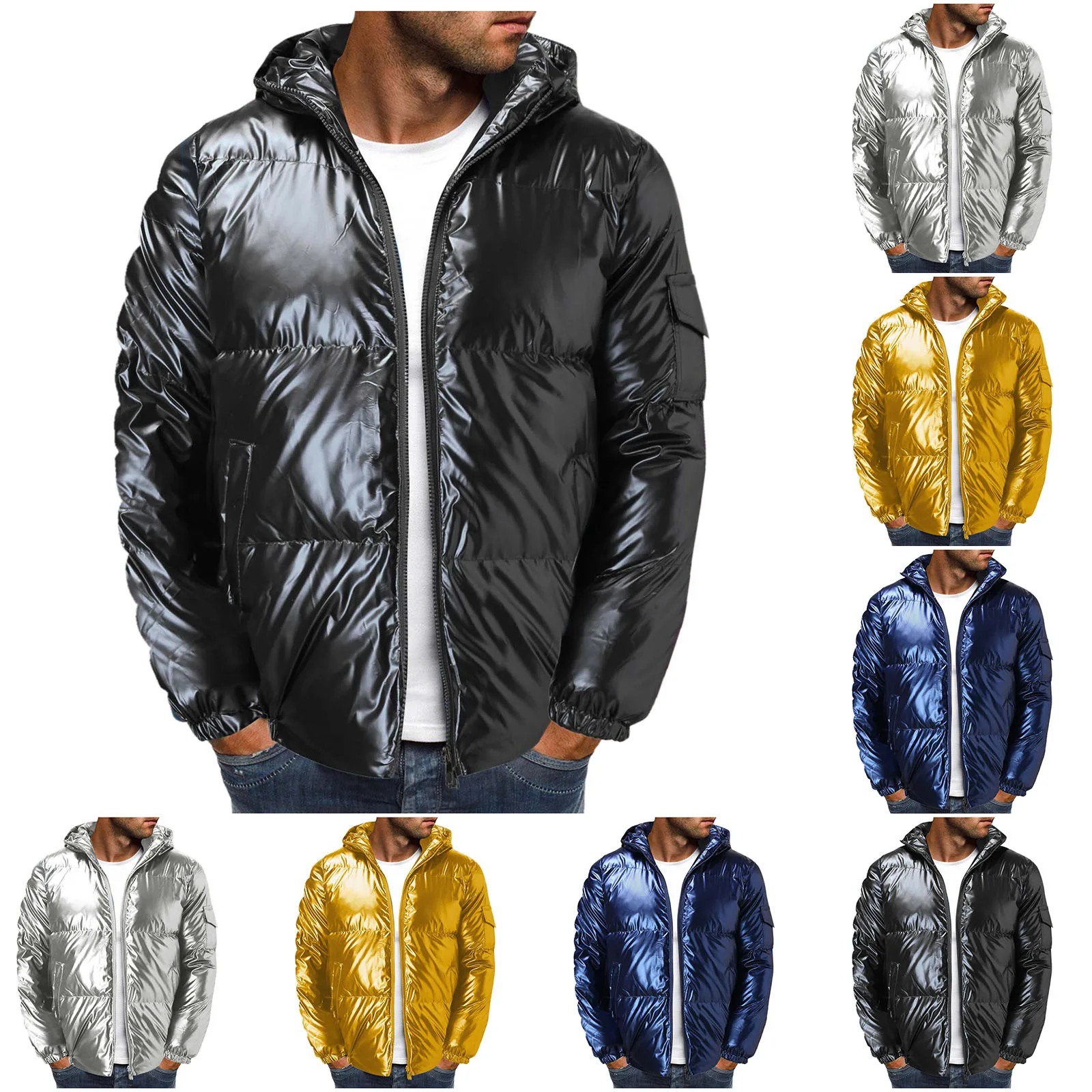 Men's Solid Color Shiny Cotton Coat Trendy Reflective Hooded Padded Coat Men Winter New Full Reflective Windbreaker Jacket 1
