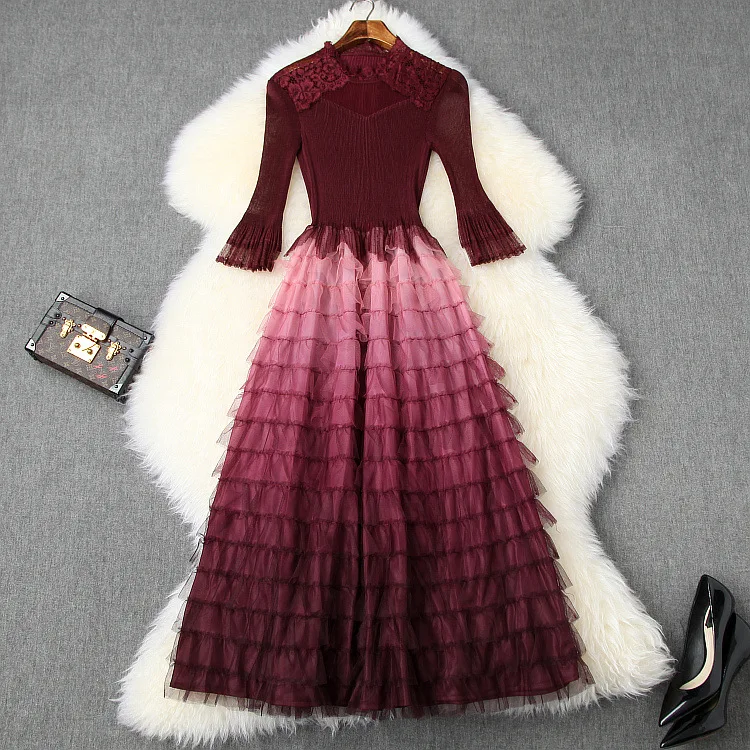 

Spring 2020 for European and American women's wear Five-point sleeve lace stand-up collar Patchwork cake mesh Fashion dress