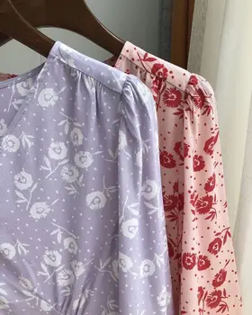

New Women Flower Print Long Sleeve Shirt V Neck Sweet Slim Fit Top