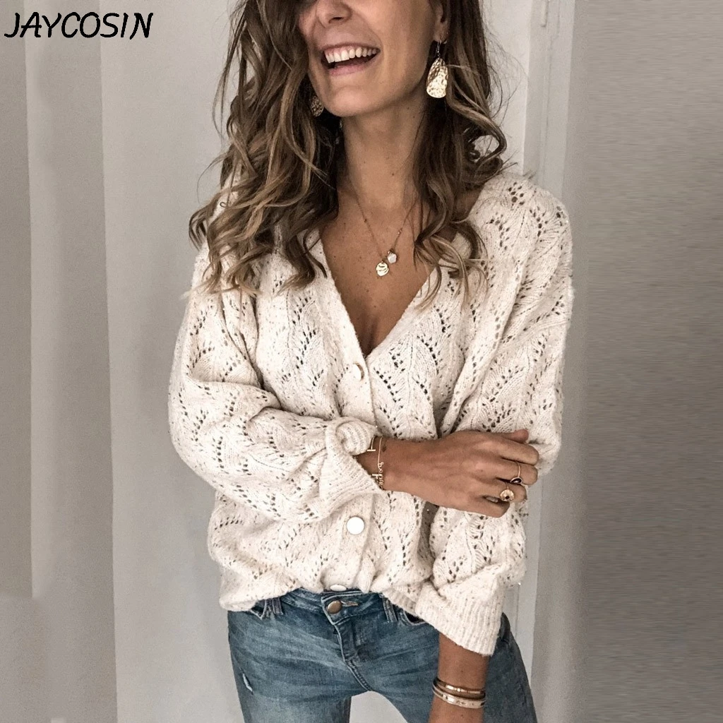 JAYCOSIN, женские свитера, одноцветные, выдалбливают, вязанные пуговицы, v-образный вырез, длинный рукав, кашемировый кардиган, свитер, Осень-зима, свитер, пальто