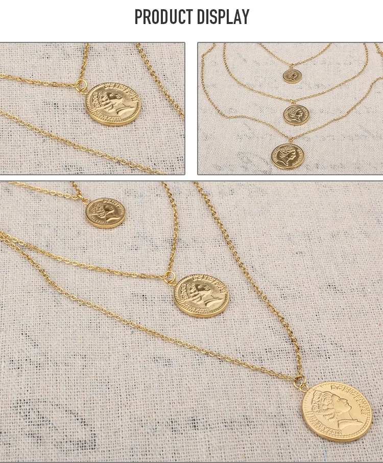 FINE4U N239 Gold Color Round Elizabeth Coins Pendants Necklace Multi-layer Stainless Steel Choker Necklaces