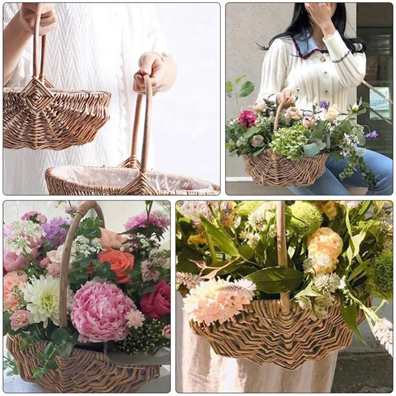 YARDWE Handwoven Flower Basket with Handle Willow Storage Basket Empty Wicker Picnic Basket with Plastic Insert for Home Wedding Decor 