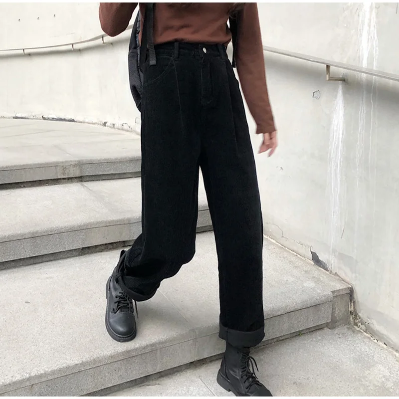 2021 New Corduroy Women's Pants Straight Casual High Waist  Pleated Trousers Vintage Harajuku Autumn Chic Solid Woman Bottoms crop pants for women