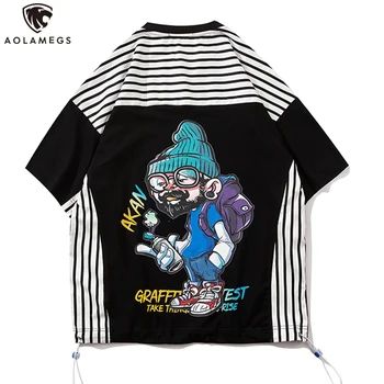 

Aolamegs T Shirt Men Stripe Cute Cartoon Print Men's Tee Shirts Short Sleeve T Shirt Fashion Tops Summer Harajuku Men Streetwear