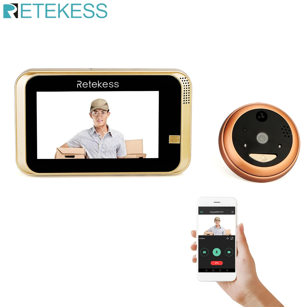 

RETEKESS TS101 Wifi Wireless Smart Peephole Video Doorbell 720P HD Camera with IR PIR Alarm Cloud TF Storage and Lithium Battery