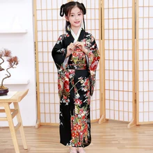 Японское кимоно купальный халат для девочек, летний Атласный халат для маскарада, юката, с обитетом, шелковистое длинное вечернее платье