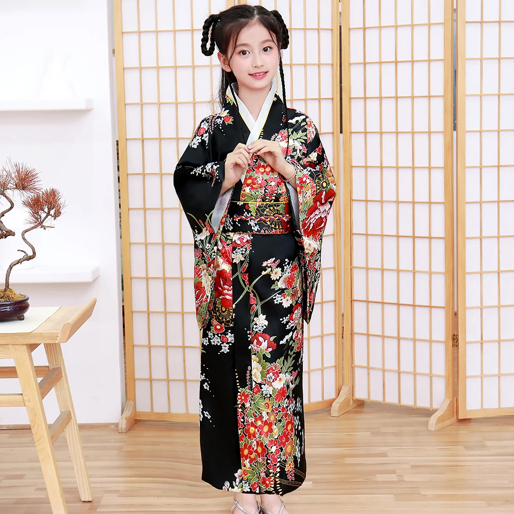

Japanese Kimono Bathrobe Gown Girl Summer New Satin Robe Cosplay Costume Yukata With Obitage Silky Long Evening Party Dress