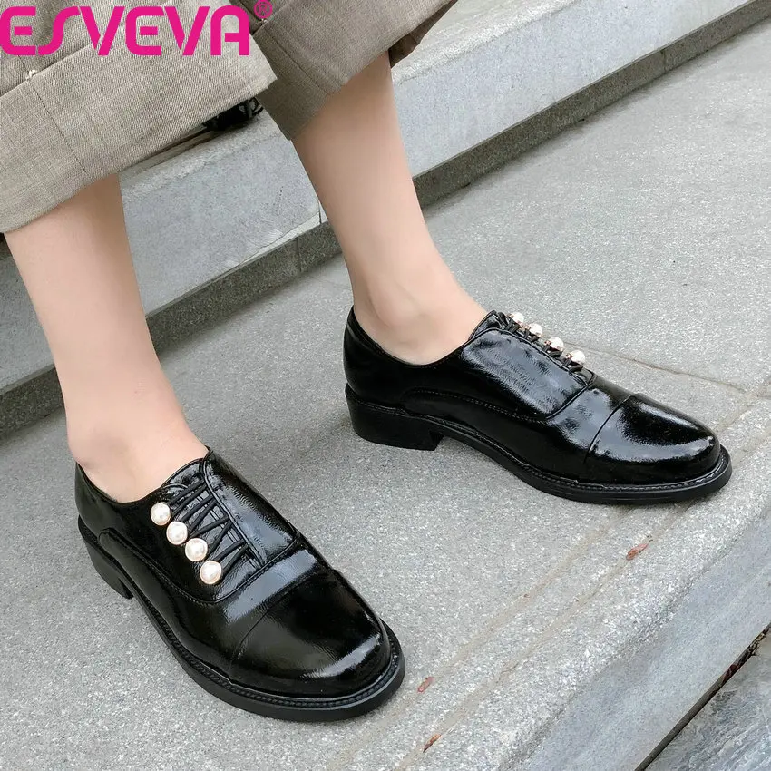

ESVEVA 2020 PU Leather Round Toe Spring Autumn Ladies Single Shoes Square Heel String Bead Elastic Band Women Pumps Size 34-43