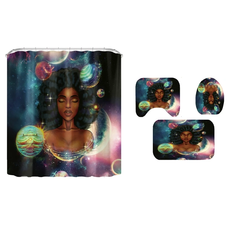 Space African Woman Print Shower Curtain Set Girl Polyester Bathroom Curtains Anti-Slip Bath Mats Carpets Rugs | Дом и сад