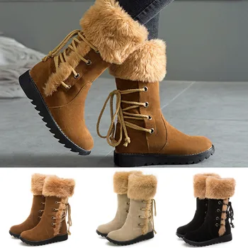 

Winter Womens Leisure Back lace-up Comfortable Shoe Boots Retro Ladies Plush Fluffy Round Toe Low-heeled Keep Warm Snow Booties