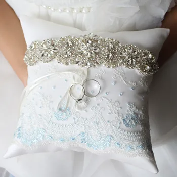 

high quality white wedding ring pillow bridal ring bearer pillow crystal light blue lace flower girl ring pillow wedding decora