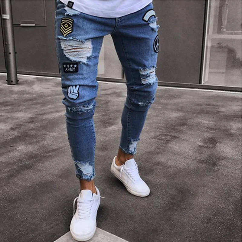 

Men Stretchy Ripped Skinny Jeans Biker Embroidery Print Denim Pants Destroyed Hole Slim Fit Denim Scratched High Quality Jean