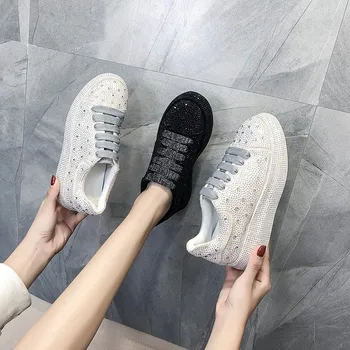 

Fashion Sneakers Women Casual Shoes Thick Sole Rhinestone Women Flats Black Silver Female Footwear Lace-up Platform Shoes