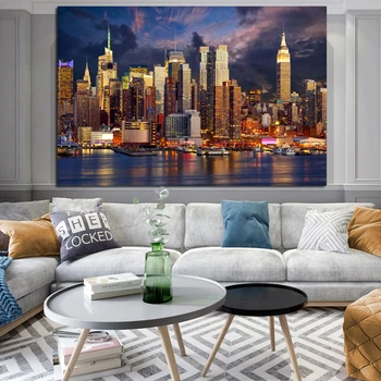 

DDHH larger size Sunset Cloud New York City Manhattan Building Canvas Painting Posters Prints Wall Art Picture for Living Room