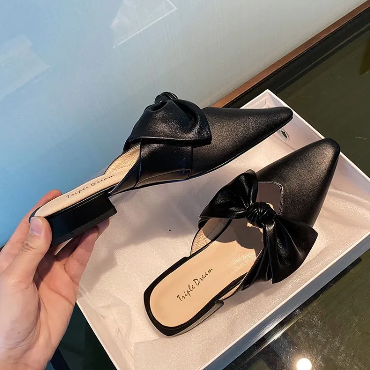 

2020 Spring And Summer New Style WOMEN'S Shoes Korean-style Genuine Leather Pointed-Toe Bow Outer Wear Slipper Mules Shoes