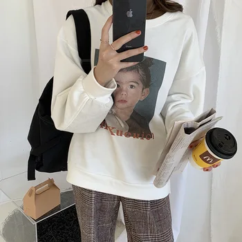 

Design moving like printed and spliced corduroy sweater women's autumn and winter 2019 Korean casual top