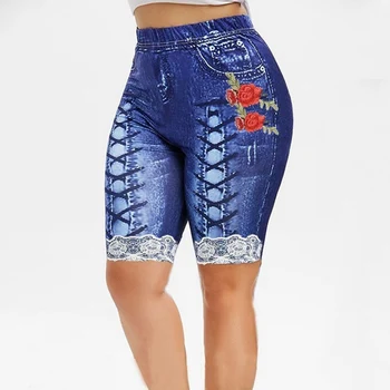 

Laamei 3D Print Fake Jeans Short Leggings Women Plus Size High Waist Floral Leggings Trousers Capri Casual Workout Sport Pants