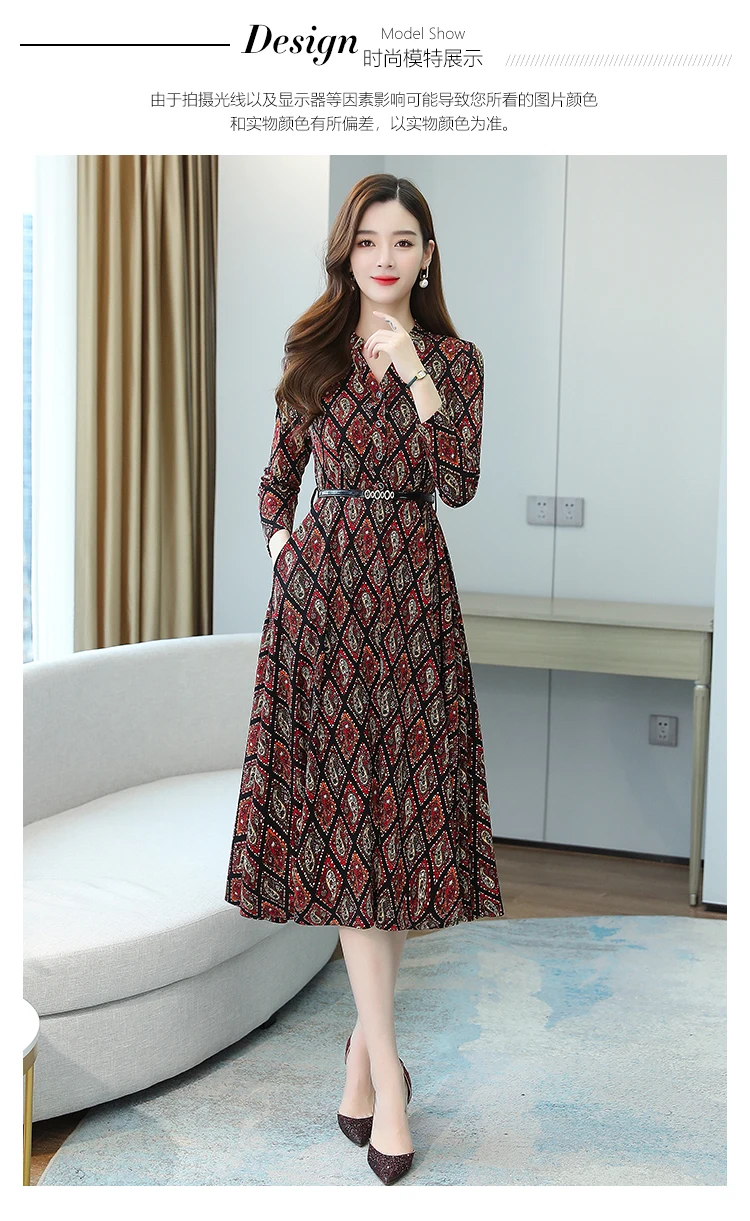 Plus Size Autumn Winter Long Sleeve Dresses 2020 Vintage Print Boho Casual Midi Dress Elegant Women Bodycon Party Maxi Vestidos