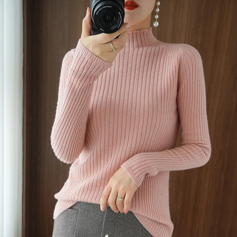 pink sweater YSZWDBLX Autumn Winter Womens Sweater 2021 Slim Fit Knitted Pullovers Warm Bottoming Shirts Jumpers Casual Female Knit Wear turtleneck sweater Sweaters