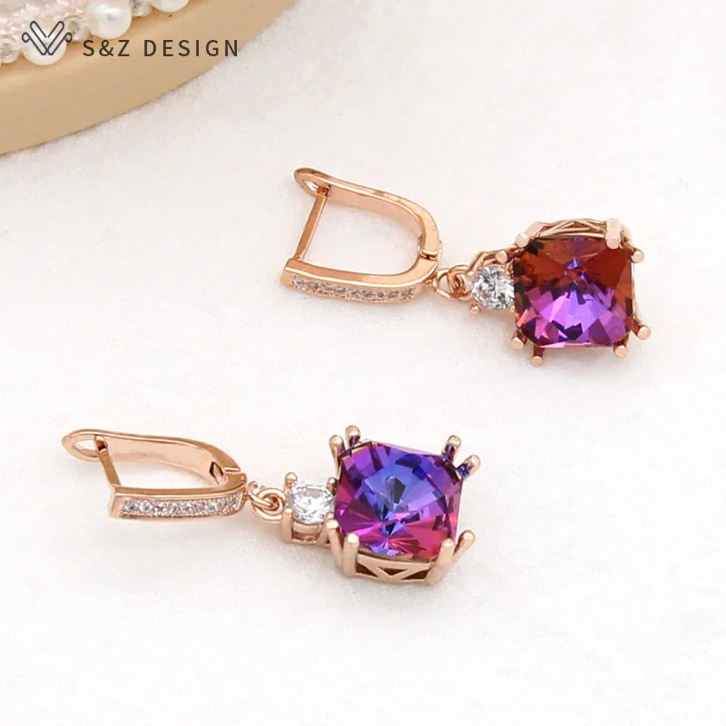 S&Z DESIGN Fashion Elegant Square Crystal Dangle Earrings For Women 585 Rose Gold Color Cubic Zirconia Jewelry Fine Eardrop